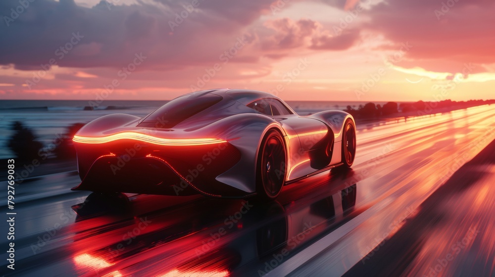  Futuristic concept car speeding along a sunset-drenched highway