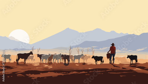 cowherd and goat in the desert landscape background vector illustration.