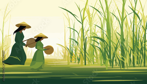 Vector illustration of a rice field with a woman in traditional dress.