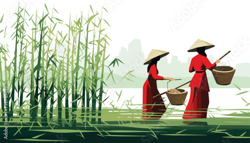 Vector illustration of a couple of Asian farmers harvesting rice in the countryside