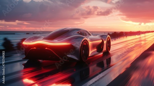  Futuristic concept car speeding along a sunset-drenched highway photo