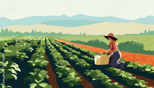 Farmer with a box of fresh vegetables on the field. Vector illustration