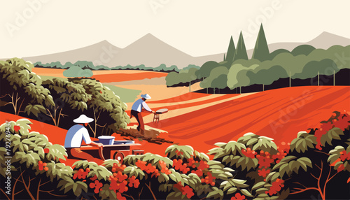 Coffee plantation vector illustration. Rural landscape with coffee trees and farm workers.