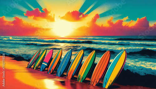 Surf boards on stands on a beach at sunset/sunrise,waves lapping res kies fluffy clouds summer time in a pop art style photo