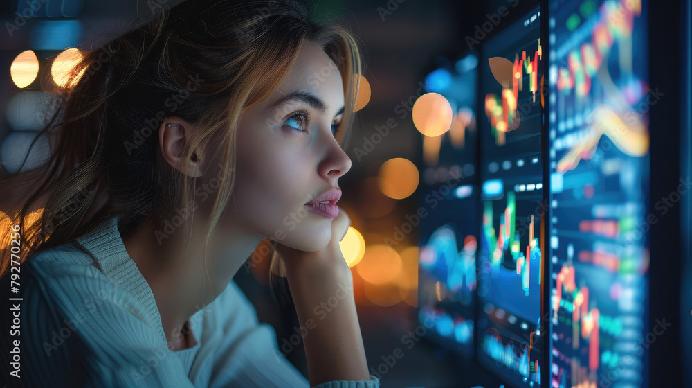 A woman looks on computer screen with data she is at the home. Generative AI. A woman looks on computer screen with data she is at the home. Generative AI.