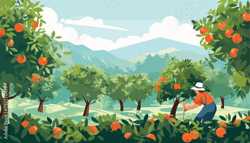 Tangerine orchard vector illustration. Harvesting season in the orchard.