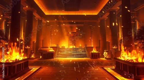 During the night, an ancient Egyptian pharaoh temple is illuminated by the light of a sarcophagus in the background. A fire is burning inside the pyramid museum palace interior with ramses' tomb, photo