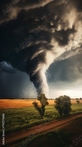 A large tornado with lightning touches down in a rural field.
