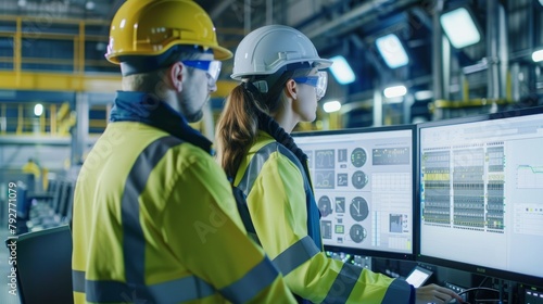 A man and a woman wearing hardhats are focused on a computer screen full of data, analyzing information as part of an engineering team