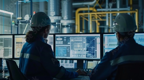 Two engineers wearing hardhats are focused on analyzing data on computer screens