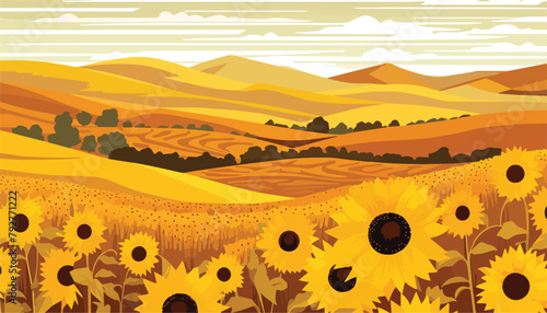 Sunflower field. Vector illustration in flat style. Rural landscape.