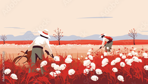Vector illustration of a farmer spraying cotton flowers in a field of cotton.