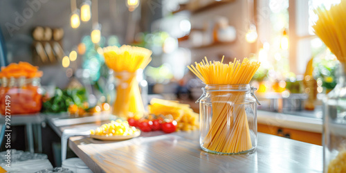 Close-up of a glass jar with long Italian pasta on the table. Raw spaghetti made from durum wheat flour. photo