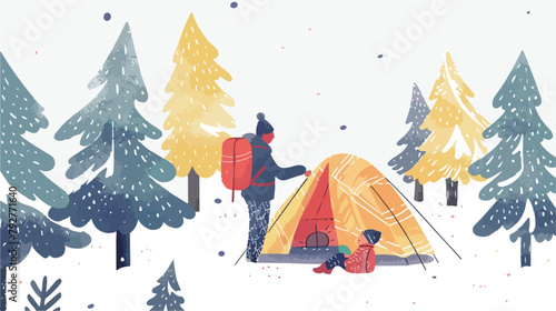 A family with a child spends the night in a tent 