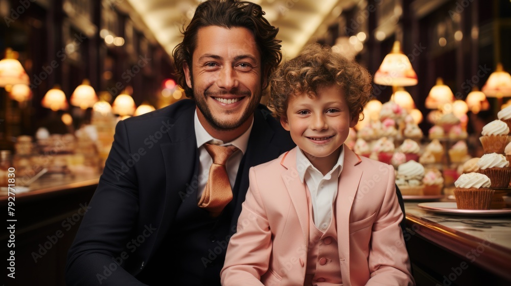 Father and son enjoying time together in cafe eating desserts. Happy Birthday party. Happy Father's day Father and son enjoying time together in cafe eating desserts. Happy Birthday party. Happy Father's day