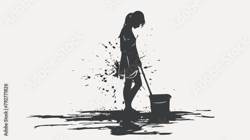 A girl cleaning the floor silhouette vector Hand draw