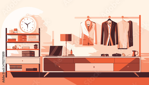 Modern interior of dressing room with furniture and accessories. Flat vector illustration.