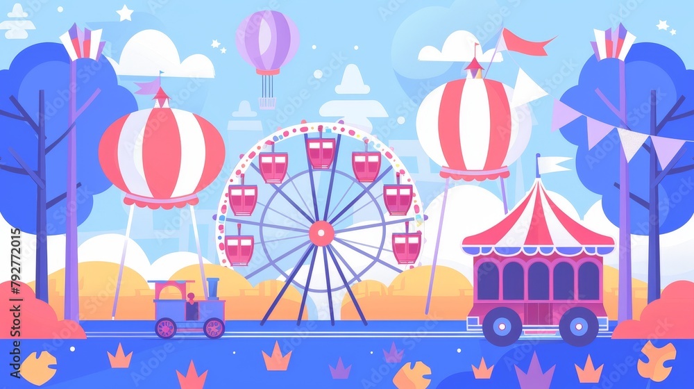 The carnival wheel in the park with a circus background. Illustration of an amusement amusement theme with a carousel, train, and festival tent panorama landscape. Holiday illustration. Childish fun The carnival wheel in the park with a circus background. Illustration of an amusement amusement theme with a carousel, train, and festival tent panorama landscape. Holiday illustration. Childish fun