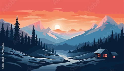 Mountain landscape with a hut and a river. Vector illustration.