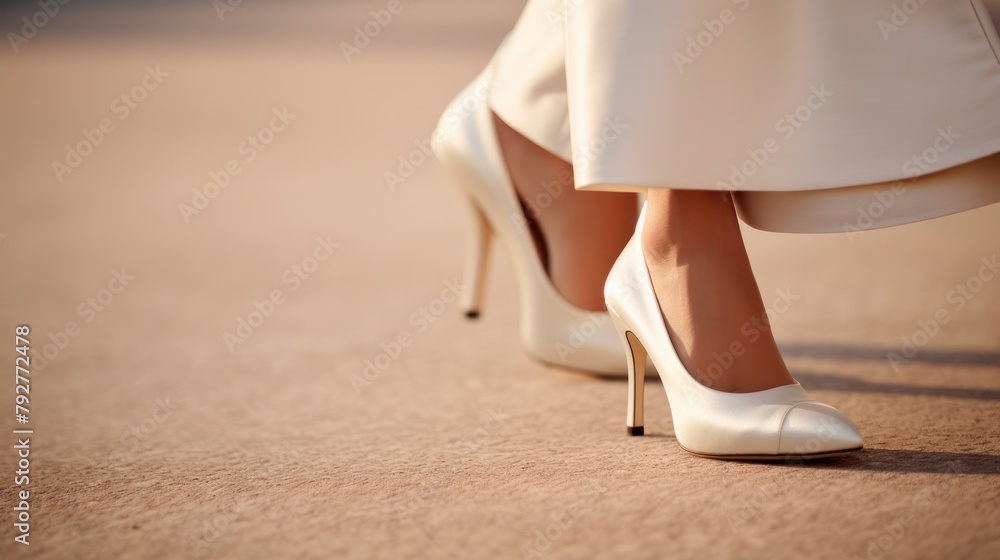 Beautiful legs woman and high heel shoes. Young woman wearing fashionable white dress