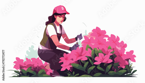 Gardener woman trimming flowers in garden flat vector illustration.