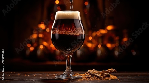 Crystal glass of dark stout beer placed on wooden table in bar. et of the dark porter pours and whips the thick foam.