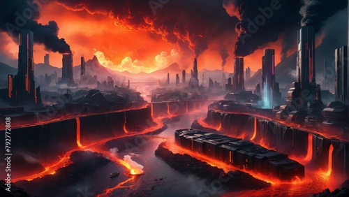 AI generated illustration of a futuristic cityscape with lava streaming through, cyberpunk style
