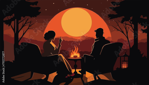 couple sitting near the bonfire in the forest at night illustration