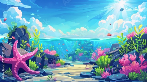Starfish and seaweeds cover the seabed of this underwater landscape. Modern illustration of pink coral reefs and rocky stones, sunlight piercing an ocean horizon, and deep blue ocean plants. photo