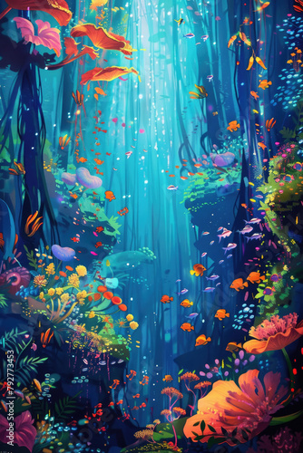 A vibrant painting of underwater life  featuring an array of colorful fish swimming among coral and sea plants