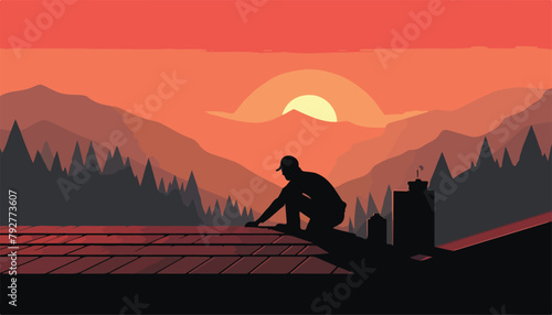 Vector illustration of a man on the roof of a house at sunset