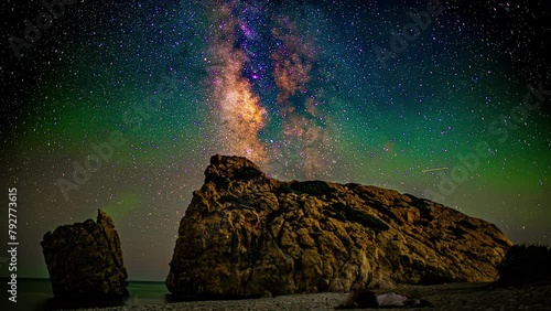 Timelapse shot of a man watching colorful night sky stars milky way along the rocky beach. photo