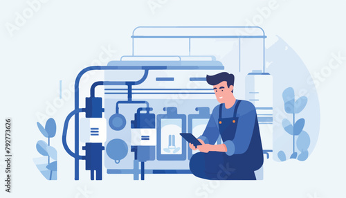 Man with tablet and gas boiler. Gas boiler room. Vector illustration in flat style
