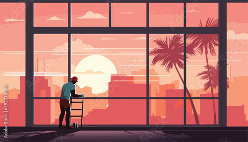 Man standing on stepladder and looking out the window. Vector illustration