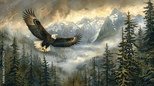 A painting depicting a majestic eagle soaring gracefully over a lush green forest, showcasing the beauty of nature in motion