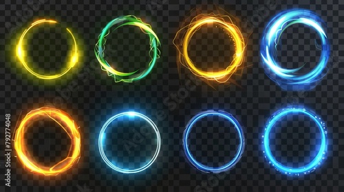 Set of neon light effects isolated on transparent background. Yellow, green, and blue circles and waves, abstract speed motion swirl, magic power trail, futuristic portal ring.
