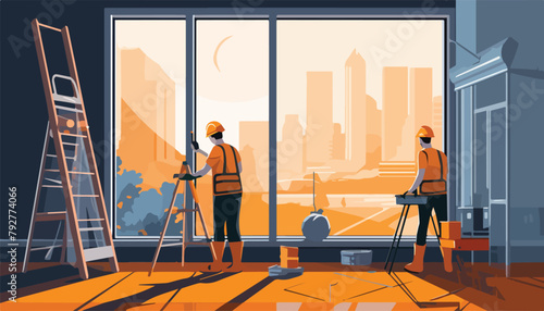 Construction workers are working on the construction site. Vector illustration in flat style