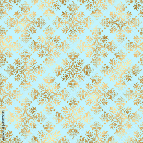 Baby Blue and Gold Damask, Pattern Digital Paper