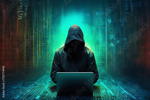 A hooded figure hacking data servers and laptops on the internet while trying to hack vulnerable systems to test cybersecurity and plant a virus or malware, stock illustration image photo