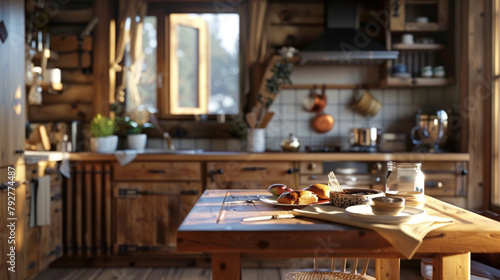 cozy kitchen in wooden cabin  table in foreground with gingerbread 