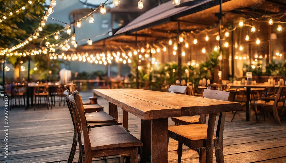 Dining Al Fresco: Wooden Table with Illuminated Ambiance