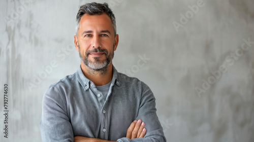 Handsome middle-aged Hispanic man with grey hair and beard standing with crossed arms and looking at camera with serious expression photo