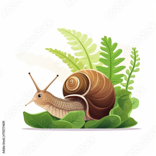 A cute little snail is crawling on a leafy green plant