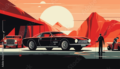 Retro car on the road at sunset. Vector illustration in flat style