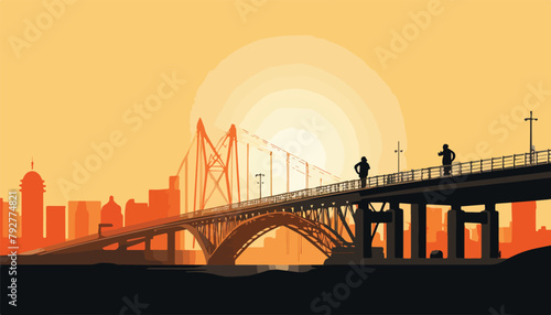 Silhouette of a man on the bridge at sunset. Vector illustration