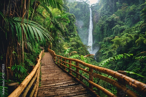 Eco Tourism Destination Wooden Path Leading to Majestic Waterfall in Vibrant Rainforest © Sara_P