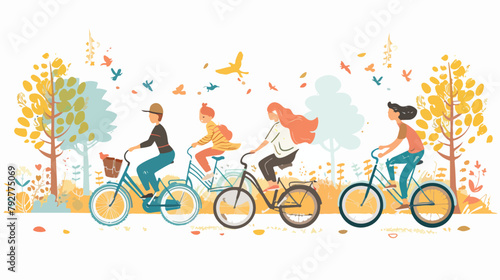 Active big family riding on bicycles