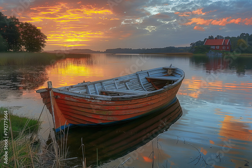Ruderboot auf dem See im Abendrot. Landschaftsstillleben.  © Carmen Steiner