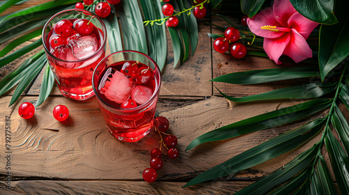 Two-layer cocktail with cranberry vodka, rosemary, soda and ice, vintage wooden background, selective focus,ocktail with ice, rosemary and berries, bar tools, blue bar counter background, top view
 photo