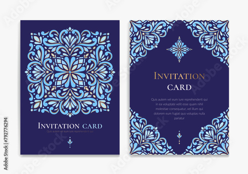 Luxury blue invitation card design with vector ornament pattern. Vintage template. Can be used for background and wallpaper. Elegant and classic vector elements great for decoration.